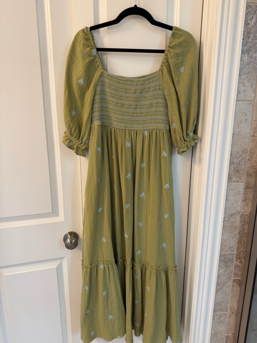 In Bloom Olive Green Maxi Dress with Puff Sleeves